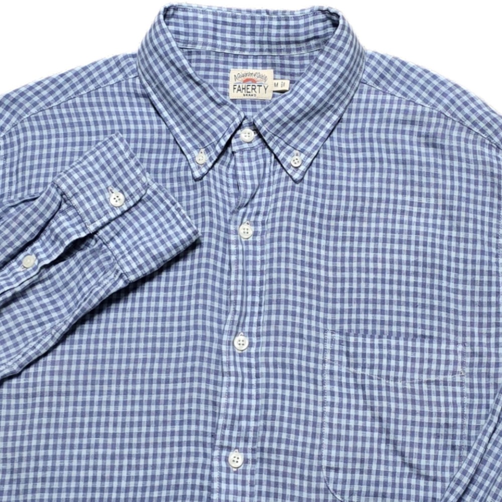 Faherty‎ Mens Medium Blue Gingham Linen Button Down Shirt Long Sleeve